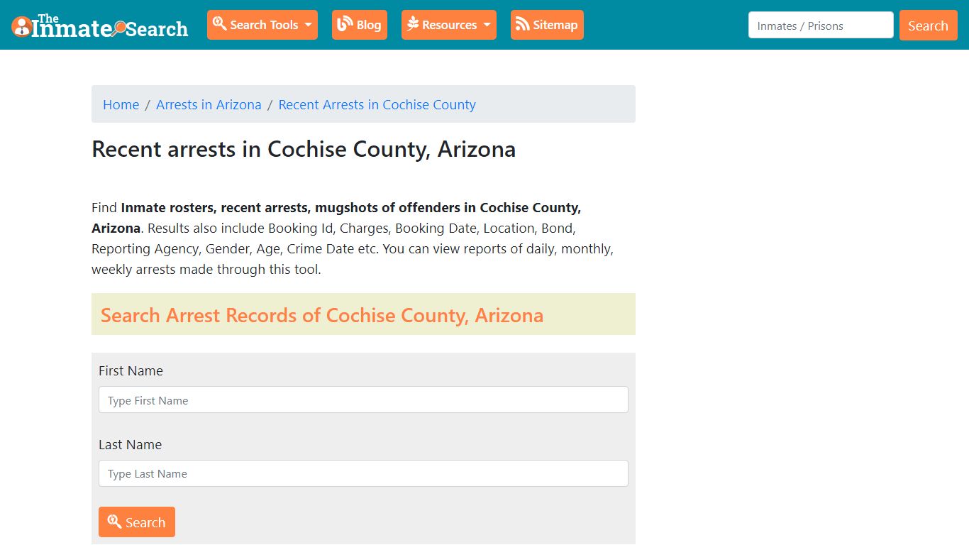 Recent arrests in Cochise County, Arizona - The Inmate Search